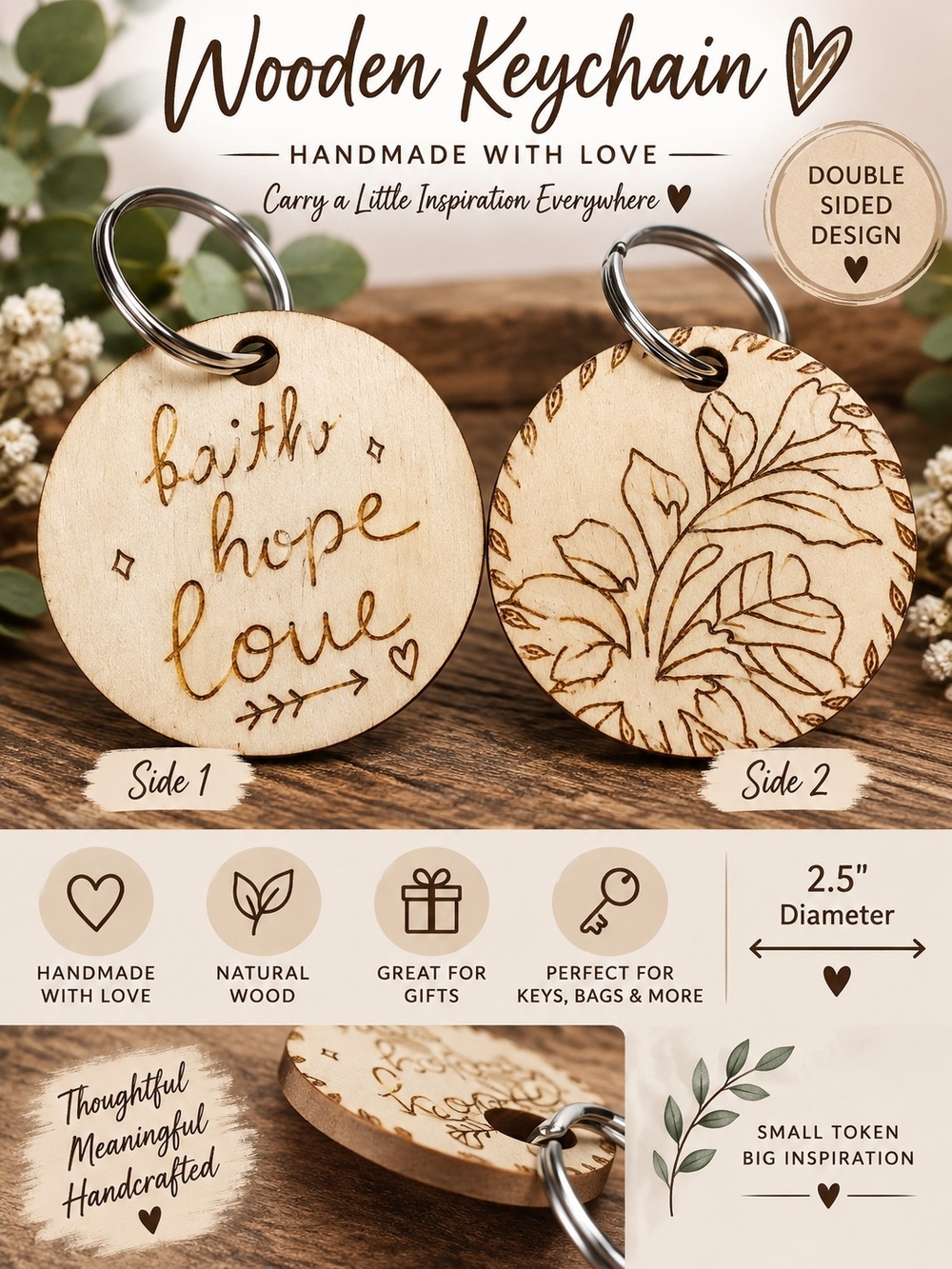 A179. Faith Hope Love Wooden Keychain Tan & Brown New